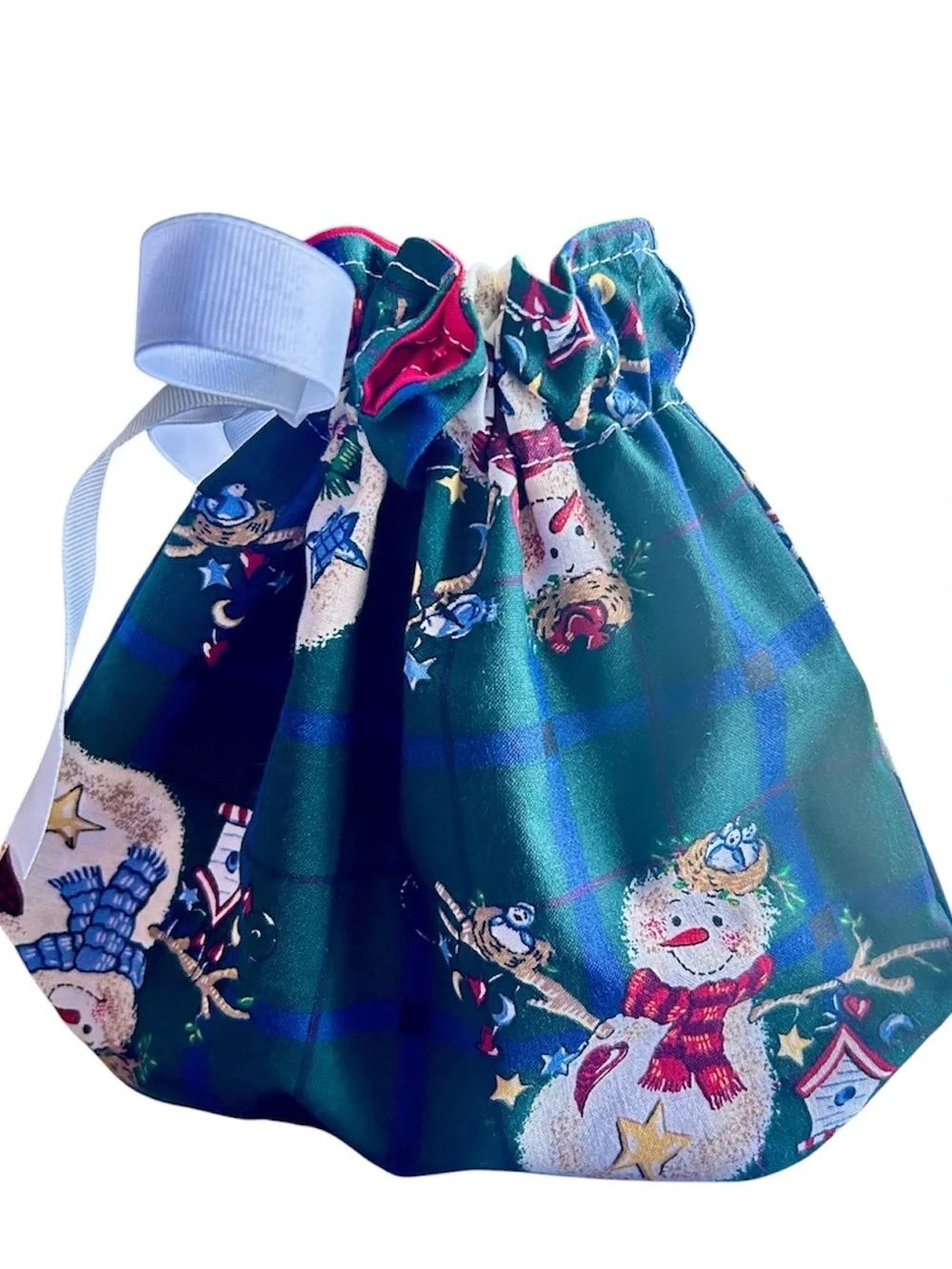 Hand Crafted Snowman Drawstring Gift Bag with White Ribbon Eco Friendly Reusable